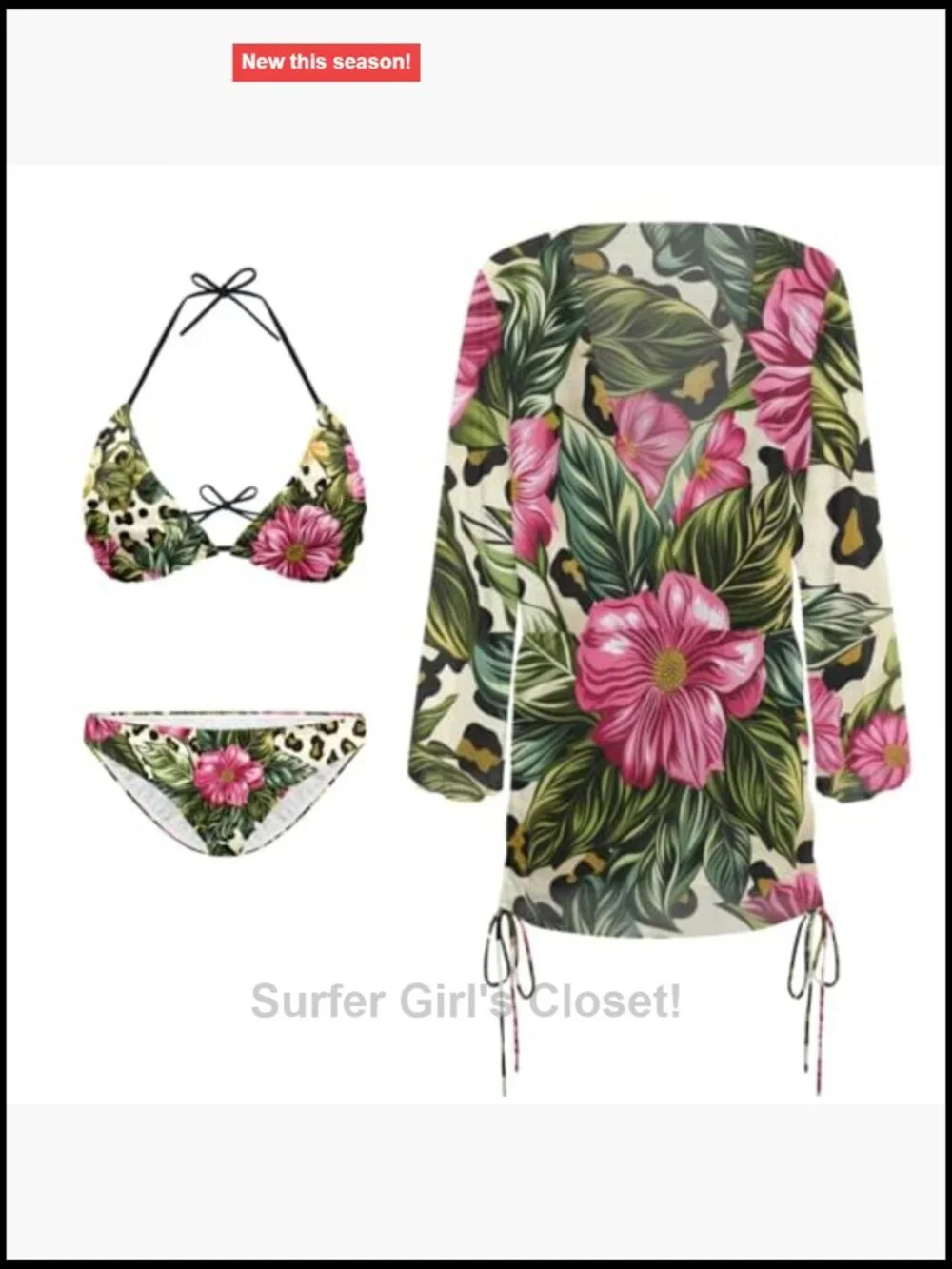 3-Piece Bikini Set with Cover Up Triangle Top Adjustable Straps Floral Pattern